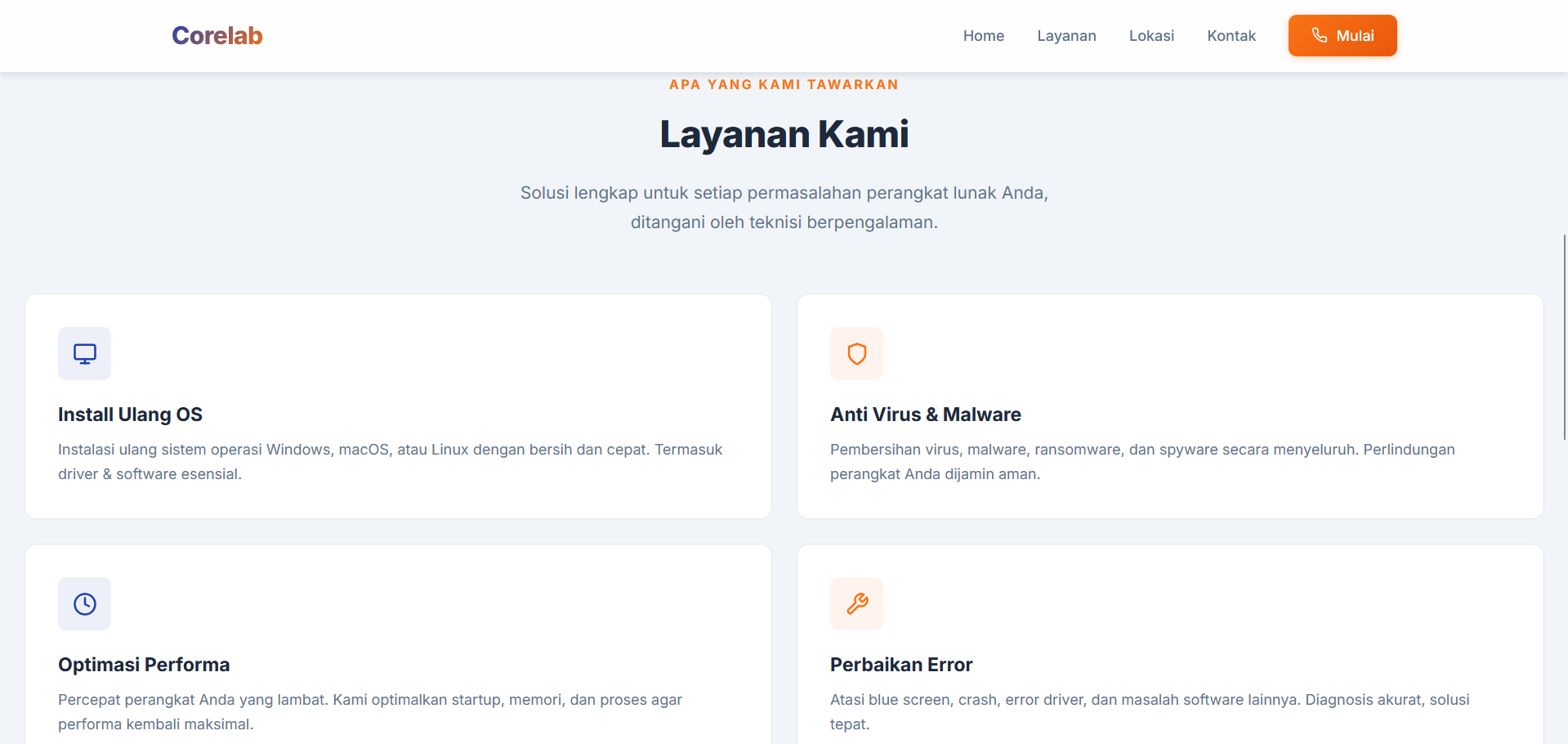 CoreLab Software Service Landing Page